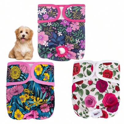 3 Packs Reusable Dog Diapers For Female Dogs, Washable Floral Pattern Puppy Diapers With Adjustable Straps, Pet Menstrual Pants For Incontinence, Heat Cycle, House Training