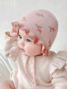 1pc Infant Cute Ruffle Flower Winter Warm Earflap Beanie Hat, Princess Style Knitted Tie-Up Cap For Outdoor