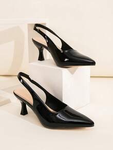 Wide Fit Black Patent Stiletto Heel Backstrap Pumps, Suitable For Everyday, Banquet, Party, Black Fashion Plus Size High Heels For Women,Kitten Heels - Black - View 13