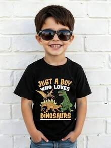 男童卡通恐龙印花圆领短袖休闲T恤 - 黑色 - 查看 1
