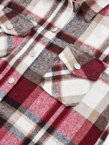 格子印花休闲长袖衬衫，秋冬女式短袖外套 - 紅色 - 查看 6