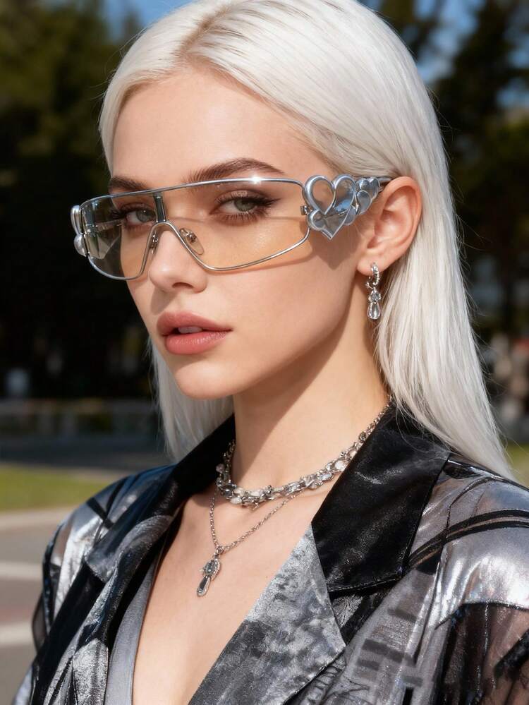 1副时尚眼镜 Y2K 梦幻个性化一体式心形眼镜腿金属眼镜时尚百搭街头摄影女眼镜 - 銀色 - 查看 2