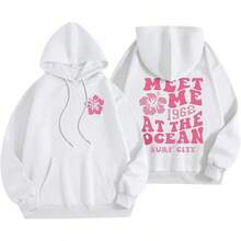 [Cotton Blend] Cute Pink Flower Hoodie For Wo Preppy Sweatshirts  Puff Print Letter Graphic Hoodies Casual Pullover Tops- Unisex Women's & Men's Daily Wear - 白色 - 查看 7