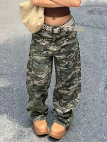 Women's Y2K Casual Loose Fit Camo Bucket Denim Jeans - Khaki - View 3