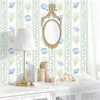 1 Roll Fresh Plant Self-Adhesive Wallpaper - Vertical Striped Seashell And Starfish Pattern Wallpaper, Removable And Waterproof, Suitable For Living Room, Bedroom, Cabinet, Entryway Decoration, Home Decor, DIY Transformation, Rental-Friendly, Holiday Decoration Gift