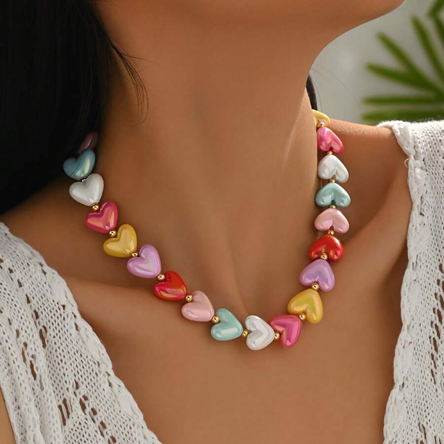 Women'S Cute Heart-Shaped Resin Necklace - Vibrant Candy Colors, Simple & Stylish, Plated, Perfect For Daily Wear & Parties, Versatile Accessory| Playful Accessory| Colorful Necklac Christmas Decorations Christmas Gifts - Nhiều màu - Xem 1