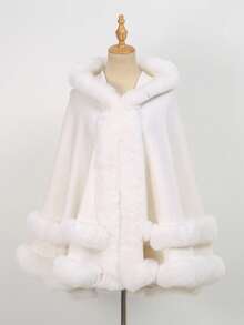 1pc Solid Color Double-Layer Faux Fur Hooded Shawl - Multicolor - View 2