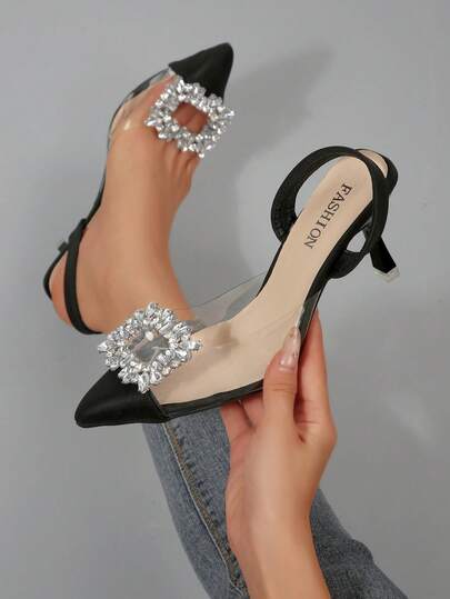 女士尖头高跟鞋，饰有水钻搭扣，弹性踝带设计，优雅性感镂空高跟鞋，派对装扮