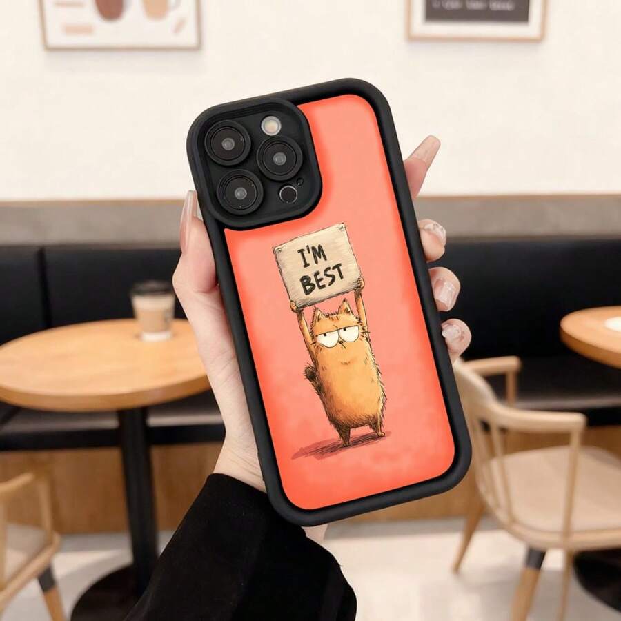 Cubierta de telefono con borde negro y parte trasera naranja con estampado de gato sosteniendo cartel que dice IM BEST para uso diario en cafeterias y espacios urbanos Aplicable a los teléfonos de la serie Apple y Galaxy - Blanco - Ver 1