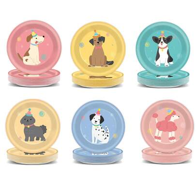 10/20/50/60pcs,Cute Cartoon Puppy Dog Disposable 7inch Paper Plates, Assorted Pastel Color Party Hat Dog Print Round Plates,6 Styles Cartoon Dogs With Birthday Hats Dinner Plates For Puppy Themed Dog Birthday Party Table Supplies