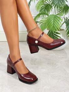 复古法式玛丽珍厚底粗跟高跟鞋，时尚女士新款派对魔术贴皮鞋，纯色优雅圆头大码高跟鞋，酒红色鞋跟 - 酒紅色 - 查看 6