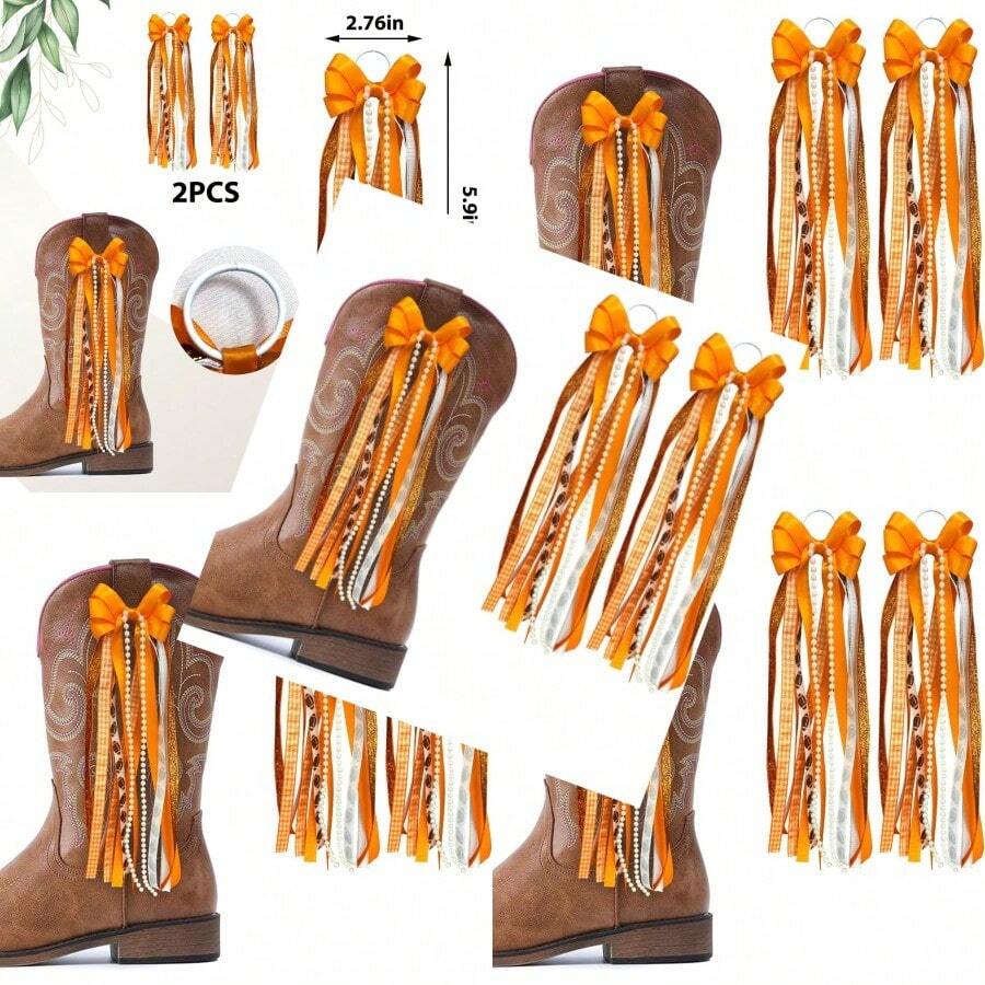 Tennessee College Gameday Boot Bows Orange White Buffalo Plaid Boot Bows Glitter Pearl Football Game-Day Accessory Tennessee City Game-Day - 橘色 - 查看 1