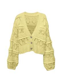 Cárdigan de mujer con cuello en V, manga larga, de tela semitransparente con estiramiento medio, suéter de punto trenzado de longitud regular