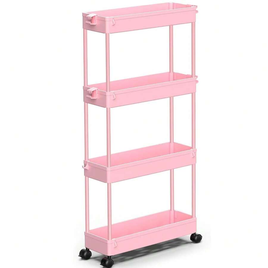 4-Tier Slim Rolling Storage Cart Storage Cart Organizer Rolling Utility Cart, Mobile Shelving Unit Slide Out Storage Shelves For Kitchen Living Room Bathroom Laundry Room & Dressers Outdoor Decor - 粉色 - 查看 1