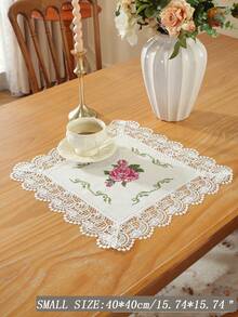 Polyester Linen Natural Table Runner, Pink Rose Cross-Stitch Embroidery, Double-Sided Wavy Hollow Crochet Lace Edge, Vintage Botanical Style Dining Table Coffee Table Tablecloth, Wedding Farmhouse Home Kitchen Decor - Multicolor - View 8