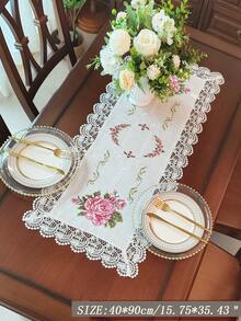 Polyester Linen Natural Table Runner, Pink Rose Cross-Stitch Embroidery, Double-Sided Wavy Hollow Crochet Lace Edge, Vintage Botanical Style Dining Table Coffee Table Tablecloth, Wedding Farmhouse Home Kitchen Decor - Multicolor - View 7