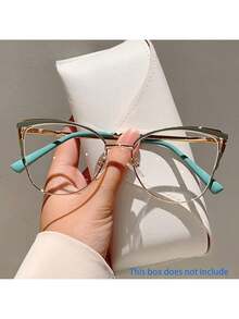 1 Pair Of Women's New Cat Eye Shaped Flat Glasses Fashionable Light Luxury Metal Frame  Retro Pink Glasses - 綠 金色 - 查看 12