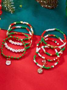 8pcs/Set Christmas Snowflake, Santa Claus, Heart, Star Beaded Bracelet Set, Colorful Beads "MERRY" Letter Charm, Suitable For Christmas Party, Daily Wear, Special Gift For Women - 多色 2 - 查看 9