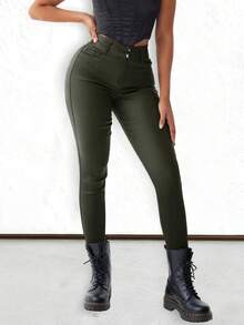 Apperloth A Quần nữ Nút Túi Dây kéo màu trơn Hấp dẫn - xanh quân đội - Xem 4