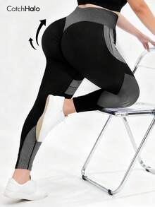 大码高腰无缝瑜伽紧身裤，撞色条纹设计，提臀塑形，适合健身和跑步，春季款 - 黑與白 - 查看 5