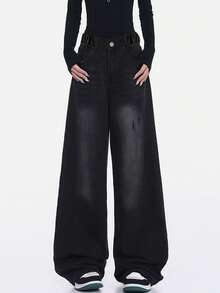 Teen Girl Vintage American Style Ripped Washed Loose Fit Straight Leg Jeans, Casual Trousers, Slim Flattering, Versatile For Spring & Autumn - Black - View 4