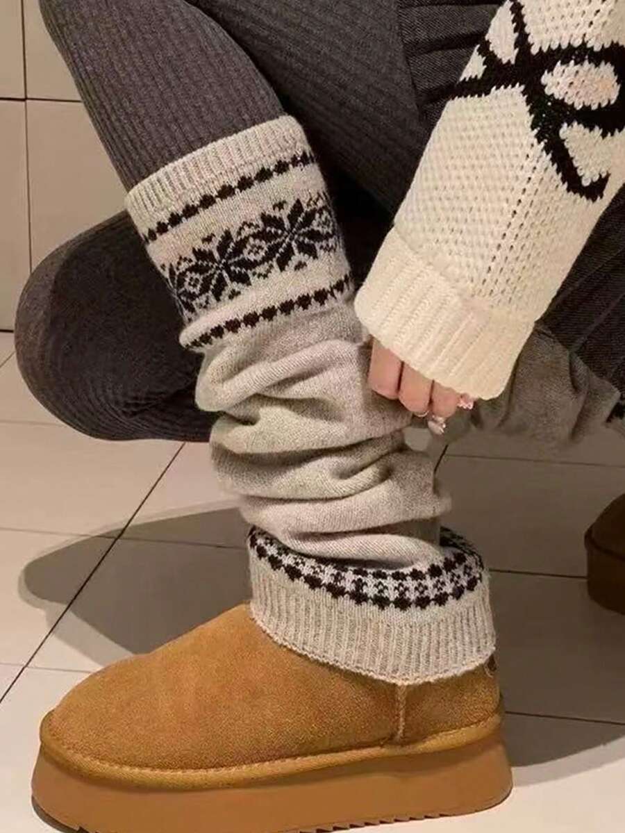 1 Pair Multicolor Korean Style Fair Isle Knit Leg Warmers For Women, Thick Knit Snowflake Design, Slimming & Warm, Grey, Cozy - Multicolor - View 1