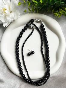 1 Set Of Grey, Pearl White, Black High-End Luxurious Pearl Necklace & Earrings, French Retro Jewelry For Valentine's Day, Wedding, Mother's Day