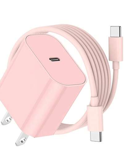 Cargador de pared USB-C de 20W con cable de datos USB-C a Type-C de 6.6ft/3.3ft, compatible con iPhone 17/16/15/Pro/Pro Max, cargador de pared Type-C para Samsung Galaxy S25/S24/S23/S22/S21/S20/Ultra/Note 20/10, carga rápida de 20W PD, color rosa