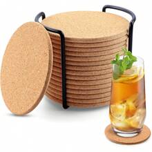 Posavasos de Corcho, 16 Piezas Portavasos Reutilizables Absorbentes de Corcho para Bebidas con Soporte de Metal, 4" Portavasos para Mesa para Bebidas para Cocina, Salón, Restaurante, Bar, Cafetería - 1 - Ver 1