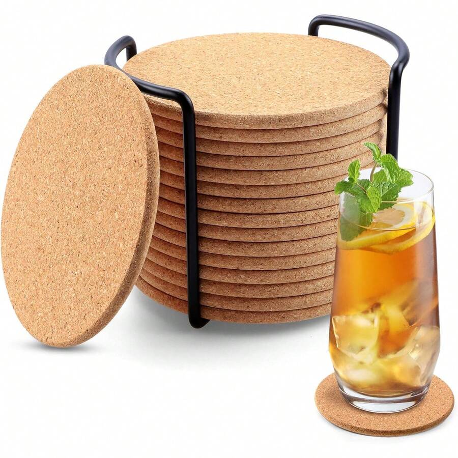 Posavasos de Corcho, 16 Piezas Portavasos Reutilizables Absorbentes de Corcho para Bebidas con Soporte de Metal, 4" Portavasos para Mesa para Bebidas para Cocina, Salón, Restaurante, Bar, Cafetería - 1 - Ver 1