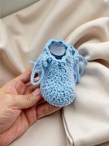 1 Pair Handmade Crochet Infant Booties, Knitted Infant Slippers, Indoor Floor Socks - Baby Blue - View 3