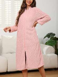 Damen einfarbiger minimalistischer Flanell-Bademantel mit Langarm, dick, Alltagskleidung - Pink - Übersicht 2