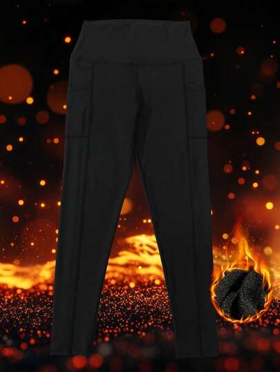 1pc Autumn/Winter Thermal Lined Black Yoga Leggings With Side Pockets, Women's Tight Fit Yoga Sports Pants For Outdoor Wear