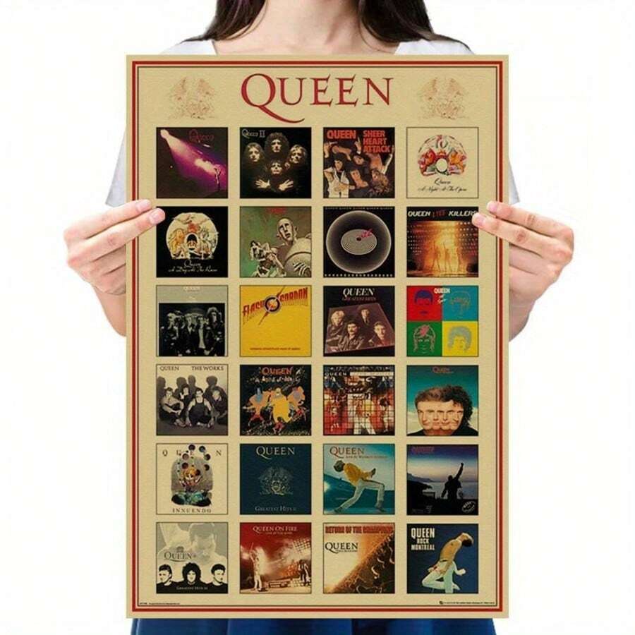 Póster de lienzo sin marco de las icónicas portadas de álbumes de Queen, de 11.8X16.5 pulgadas, con un diseño en cuadrícula estilizada que presenta "A Night At The Opera", "The Game" e "Innuendo" para decoración del hogar y la oficina