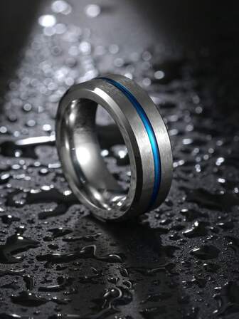 男士结婚戒指，顶部刻有蓝线图案，时尚男士戒指，适合日常佩戴