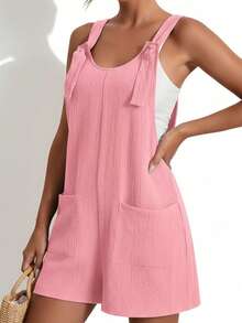 Women's Y2K Summer Solid Color Backless Cami Jumpsuit, Loose Fit With Pockets, Breathable And Comfortable, Simple Casual Style, Streetwear Inspired, Perfect For Daily Wear, School, Commuting, Vacation Travel, Music Festivals, Exercise, Dates, And Valentine's Day Outfits - Màu Hồng baby - Xem 4