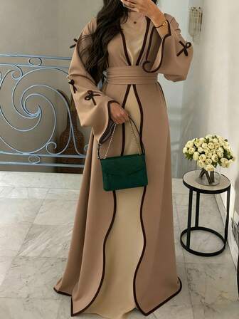 SuofeiMan New Stylish Middle Eastern Minimalist Bow Abaya, Khaki Solid Color Casual Soft Comfortable Jacket With Belt, Festival Robe, Daily Matching Dress
