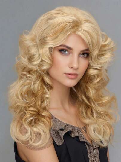 18 Inch Long Curly Wave Wig 1 PC Golden Wig With Bang Synthetic Wig 150% High Density Heat Resistant Fiber Breathable Rose Net Cap Versatile For Daily Wear And Halloween Party