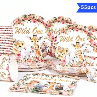 10pcs Floral & Animal Party Disposable Plate, Napkin, Cup Set, Includes Plates, Napkins And Cups, Suitable For 10 Guests, Disposable Paper Plates Party Supplies For Birthday, Wedding, Party, Family Picnic