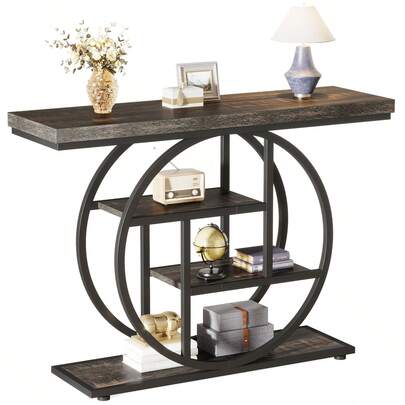 LITTLE TREE Tavolo consolle industriale con 4 ripiani, 41,3 pollici (circa 105 cm) di larghezza, base rotonda, ripiano stretto in legno per ingresso, corridoio, soggiorno, antracite