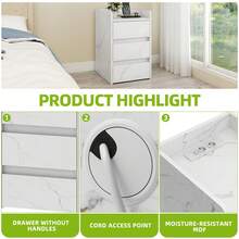 BALCONERA Bedside Table With 3 Drawers & Power Station, Nightstand End Table, Water-Resistant Storage Side Table, 35x40x59cm - - Antique White - View 5