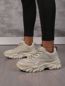 1 Pair Women's Contrast Color Lace-Up Sporty Fabric Chunky Sneakers, Outdoor Running Shoes, Fashionable & Versatile, All Season - Champagne - View 5