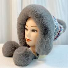 Wearing Knitted Hats For Windproof In Autumn And Winter, Thick And Warm Lei Feng Hats For Women's Outings, Cycling With Fleece, And Skiing Windproof Hats - 黑灰色 - 查看 10