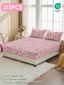 2/3-teiliges Spannbetttuch Set, Bettwäsche, Matratzenschoner, Bettüberwurf, Bettlaken, Heimdekoration, gemütliche Heimtextilien, atmungsaktiver und pillingresistenter Matratzenschoner, weich und hautfreundlich, weiche und bequeme Bettwäsche für das Schlafzimmer, modischer Matratzenbezug, komplett abdeckender Matratzenschoner, rosa Basis mit Leoparden-Muster