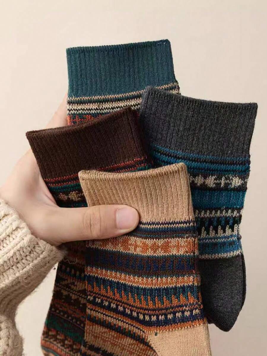 5 Pairs Vintage Crew Socks, American Fashion Patterned Socks, Random Assortment, Autumn/Winter