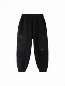 Balabala 儿童男童抓绒运动裤，2025秋冬款，保暖休闲 - 黑色 - 查看 4