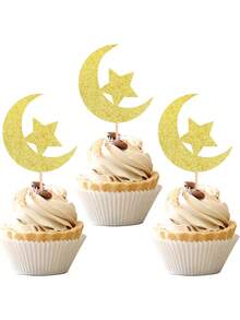 12/24 件装闪光月亮星星纸杯蛋糕装饰插牌，穆蛋糕装饰插牌，闪亮新月和星星蛋糕签，生日婚礼穆派对蛋糕装饰用品 - 彩色 - 查看 1