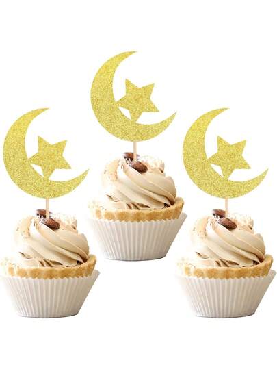 12/24 st Glitter Månstjärna Cupcake Toppers Mubarak Tårtdekorationer Twinkle Halvmåne och Stjärna Tårtpinnar Tårtdekoration För Födelsedag Bröllop Mubarak Festtillbehör