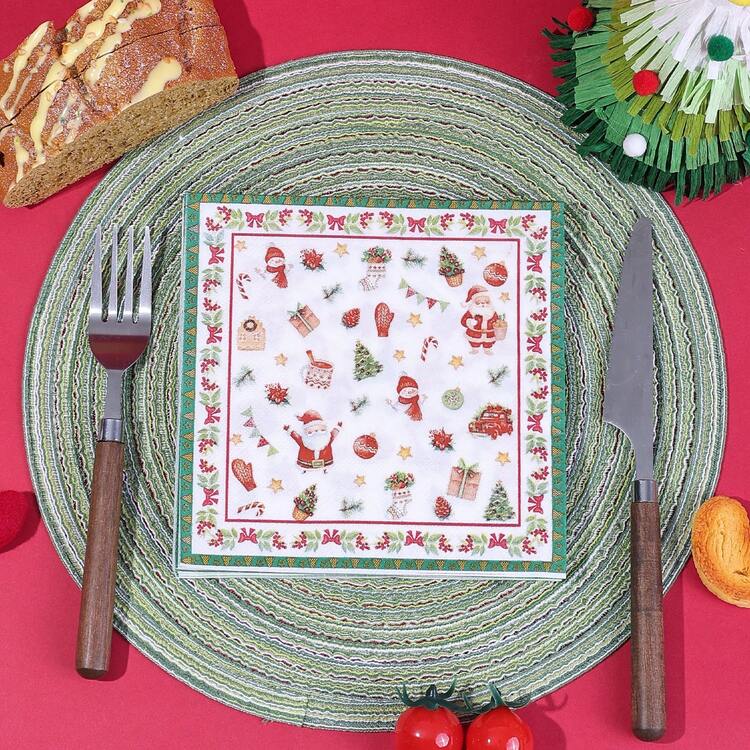 20张/40张/60张，圣诞餐巾纸，双层，冬季节日鸡尾酒纸巾，13 x 13英寸，圣诞树图案，红绿相间，一次性手巾，适用于圣诞餐桌装饰、派对用品，冬季圣诞快乐节日装饰 - 彩色 - 查看 3