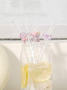 1-5pcs/Set Reusable Glass Straws With Sweet Purple - Themed Accents (Bear, Bow,Heart), Aesthetic Drinkware For Iced Drinks, Afternoon Tea, Milkshakes, Smoothies, Sparkling Water, Milk Tea, Juices And Other Cold Drinks. Ideal For Beach Parties, Outdoor Picnics, Dessert Shops, Snack Bars, Party Supplies, Family Gatherings, Kid-Friendly Parties, Valentine's Day, Back-To-School Season.Refreshing, Perfect Gift For Girls. - Style C - View 2